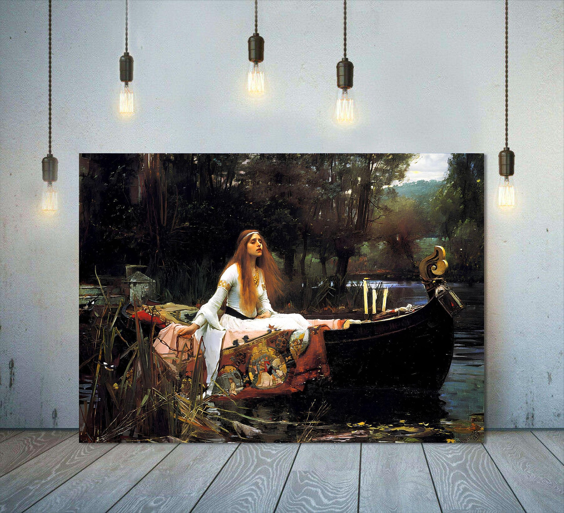 Lady of Shallott canvas or poster print for home decor by John William Waterhouse. Famous artist painting dark gothic cottagecore. Tragic heroine Victorian picture from Arthurian legend.