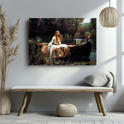 Lady of Shallott canvas or poster print for home decor by John William Waterhouse. Famous artist painting dark gothic cottagecore. Tragic heroine Victorian picture from Arthurian legend.