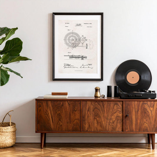 Gramophone inventor blueprint art print or canvas wall art for lovers of records and vinyl art