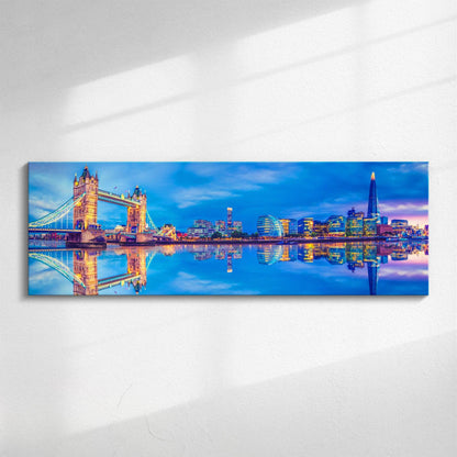 London Panorama | Panoramic canvas wall art, London at Night, River Thames Photograph | Colourful Large Photo for Modern Homes | Tower Bridge, London Eye, The City