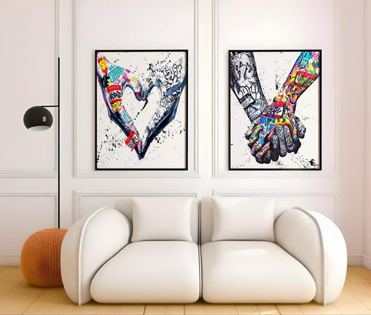 Set of 2 Graffiti Street Art Wall Decor Banksy - World Unity and Heart Gesture Holding Hands Framed Canvas Print Diversity themed Pictures. Bright, vibrant colours on images which represent tolerance and peace. Perfect gift for lovers, couples