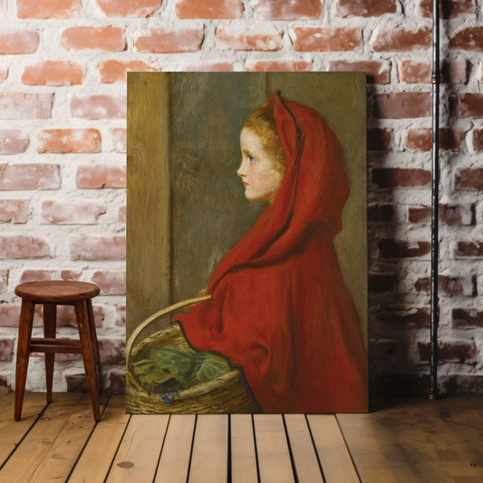 Canvas wall art and poster of Millais Little Red Riding Hood oil painting by famous artist. The picture is appreciated by fine art lovers all over the world and bought as stretched canvases and poster prints.