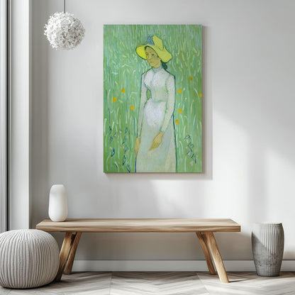 Girl in white by van Gogh canvas art printed on wall in new home
