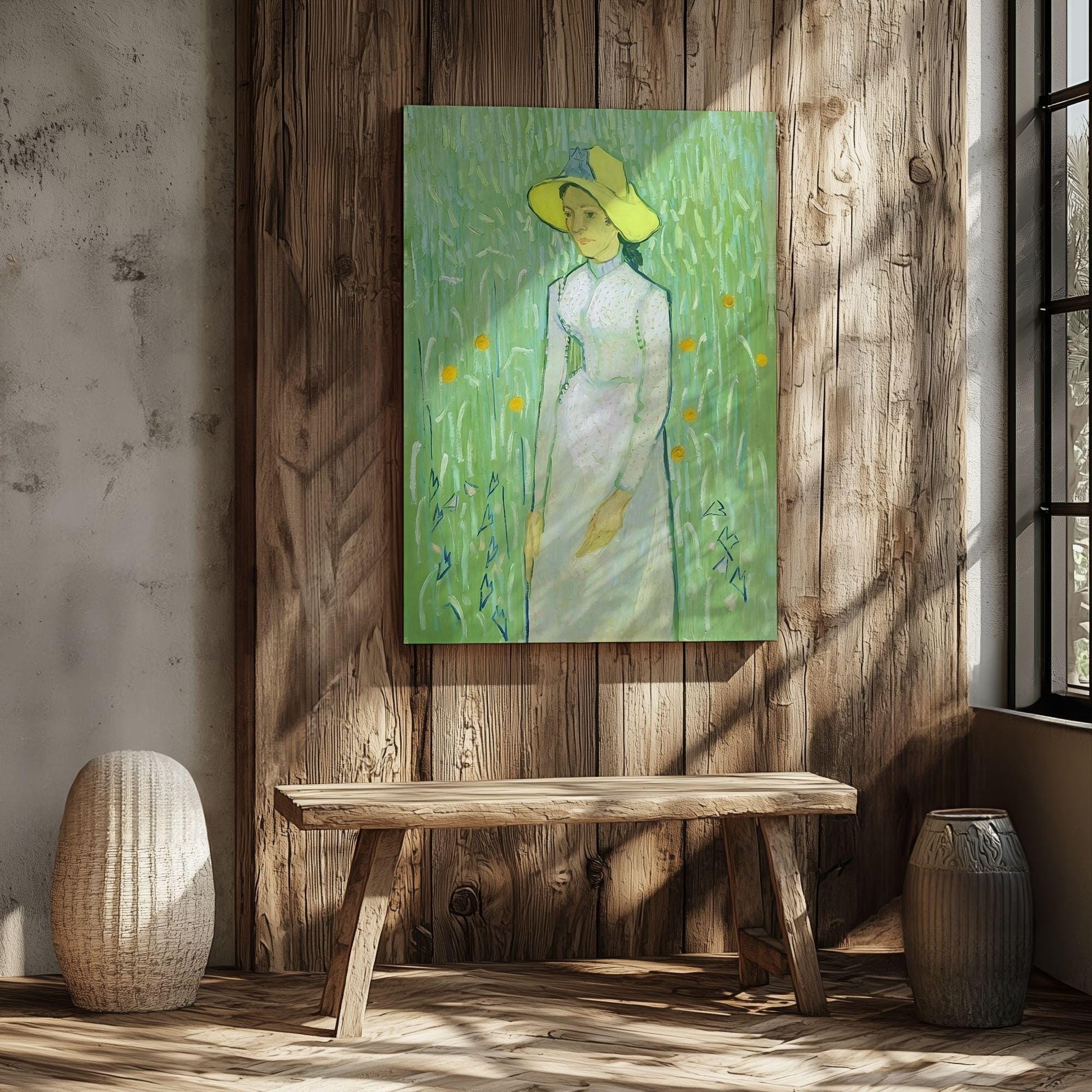 Girl in white by van Gogh canvas art printed on wall in new  rustic home