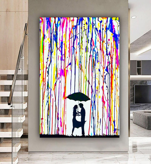 Banksy Style Couple in Rain