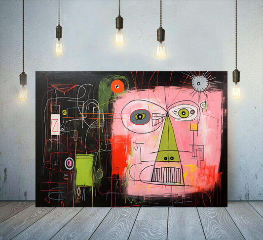 Graffiti-inspired wall art featuring a Basquiat-style abstract face with pink, green, and red hues on a dark background. Perfect for adding edgy, urban vibes to modern interiors, studios, or creative spaces.