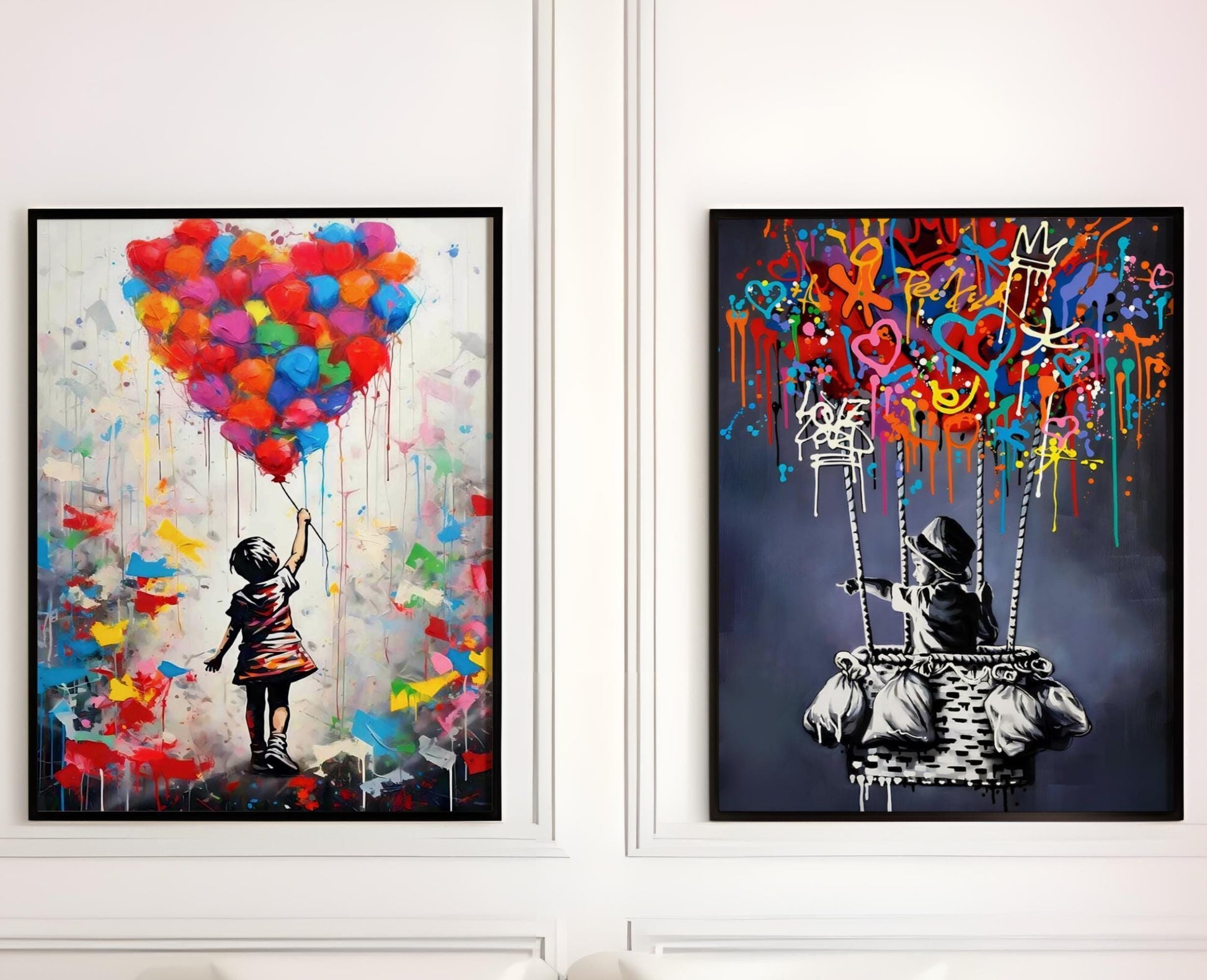 Set of two Banksy-style graffiti prints featuring a girl with a balloon and a boy in a hot air balloon. Vibrant street art with bold colours, perfect for modern interiors and contemporary wall decor. Poster prints ideal for home decoration, blending nostalgia with an urban, artistic twist. A striking choice for lovers of graffiti prints and vibrant paintings.