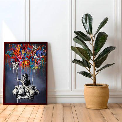 Set of two Banksy-style graffiti prints featuring a girl with a balloon and a boy in a hot air balloon. Vibrant street art with bold colours, perfect for modern interiors and contemporary wall decor. Poster prints ideal for home decoration, blending nostalgia with an urban, artistic twist. A striking choice for lovers of graffiti prints and vibrant paintings.
