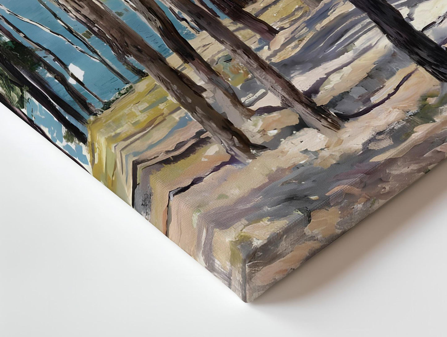The image is an abstract painting featuring a forest scene with trees and foliage in various shades of brown, green, and blue.