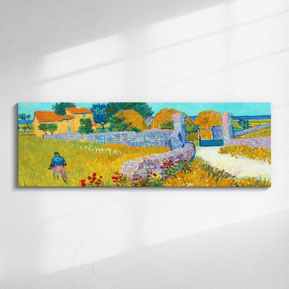 Panoramic canvas print of Van Gogh’s Farmhouse in Provence showing golden fields, green trees and rustic buildings in impressionist style