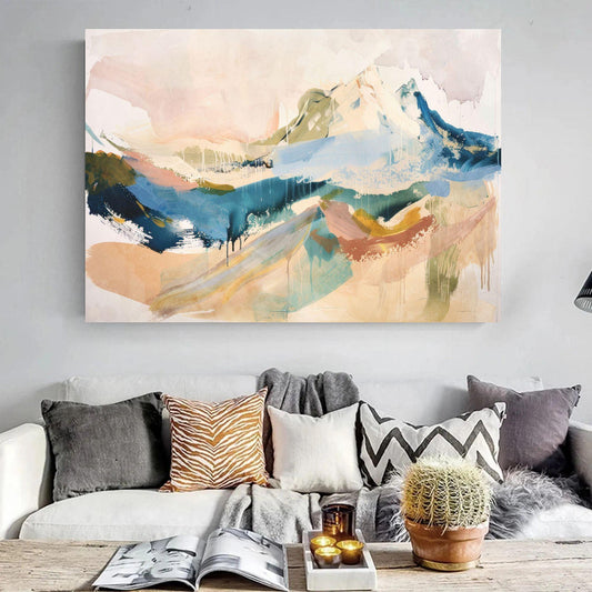 Abstract Mountain Canvas Wall Art or poster print. Vibrant watercolour contemporary mountain painting printed. Large abstract picture.