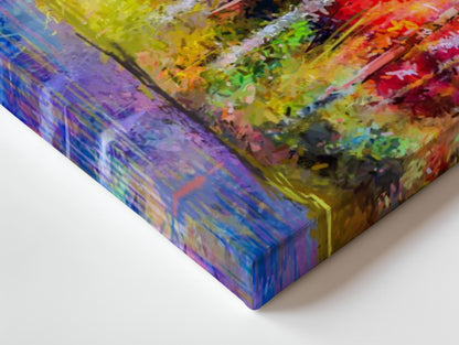 an abstract painting of a cityscape with lots of colors