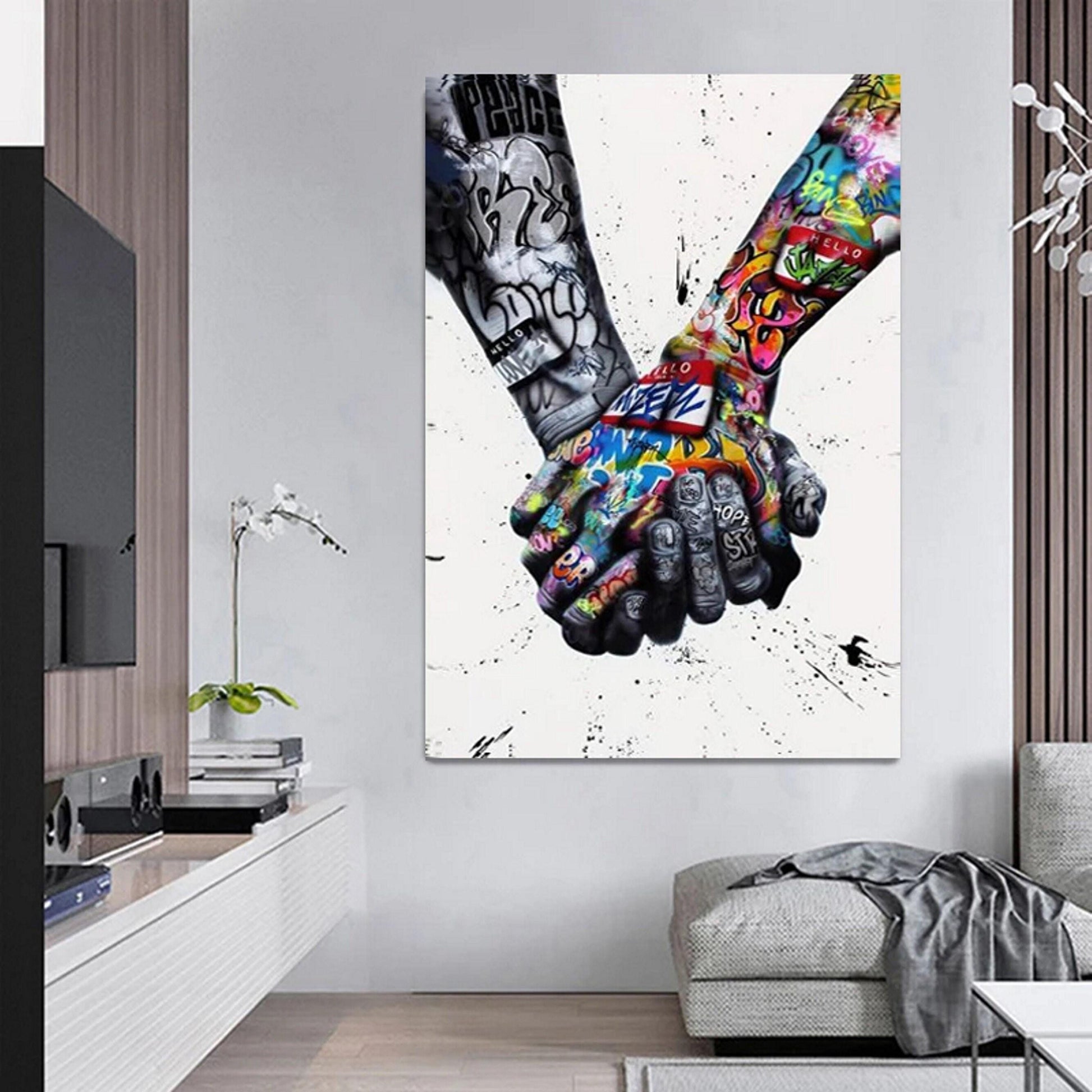 World Unity Holding Hands Graffiti Art Box Framed Printed Canvas