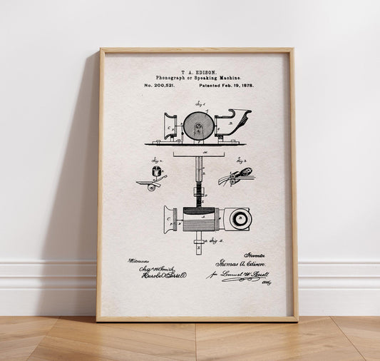 Art print of &quot;speaking machine&quot; patent application from 1878. Vintage tech Art Print or Canvas Wall Art. Father&#39;s Day Gift, Office Decor, Design Studio Artwork