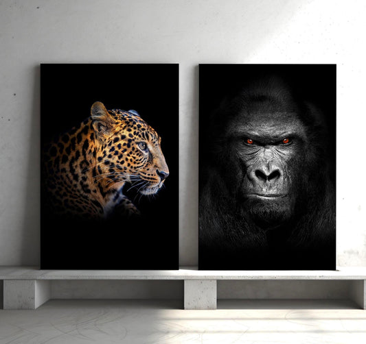 Leopard and Gorilla set of 2 canvas wall art pictures. Jungle animals canvas photographs. Premium quality images - leopard and gorilla.