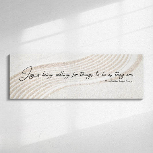 Panoramic canvas featuring a Zen Buddhist quote in calligraphy over a minimalist Japanese sand garden with soft, curved lines. Suitable for living rooms above sofa in modern UK home.