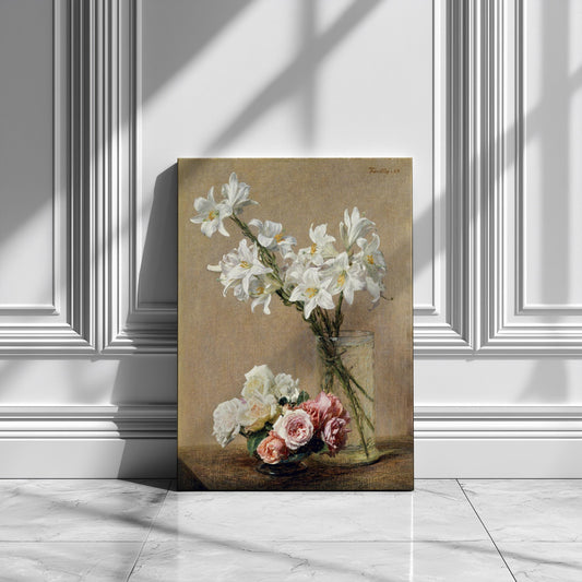 Vintage roses lilies flowers canvas wall art or poster print for Mother&#39;s Day gift. Mum bedroom picture, present for Mom. Victorian painting