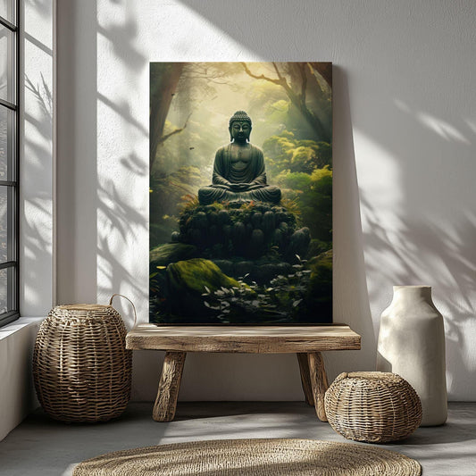 Buddha green spiritual Buddhism image. Tranquil meditation wall Art canvas or poster print for home decor. Forest meditation, mindfulness outdoors.