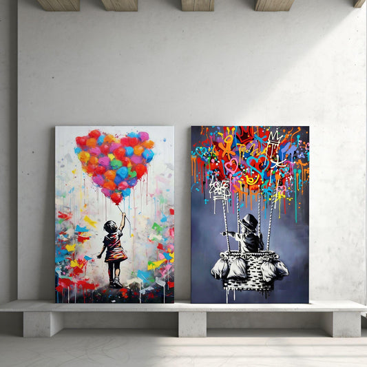 Set of two Banksy-style graffiti prints featuring a girl with a balloon and a boy in a hot air balloon. Vibrant street art with bold colours, perfect for modern interiors and contemporary wall decor. Large framed canvases ideal for home decoration, blending nostalgia with an urban, artistic twist. A striking choice for lovers of graffiti prints and vibrant paintings.