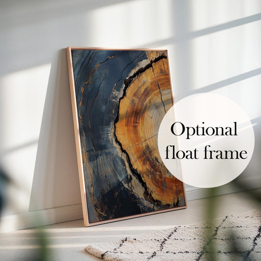 Tree ring canvas number 4 with optional float frame. Framed canvas picture of tree rings.