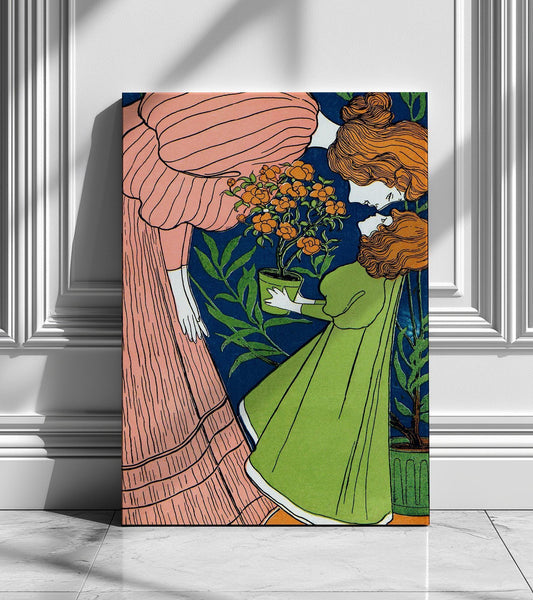 Mother Daughter Wall Art Print or Canvas – Folk Art Style Mother in Striped Green Dress with Daughter. Art Nouveau gift for mother daughter
