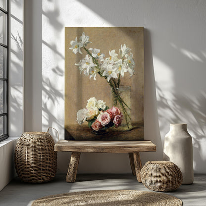Vintage roses lilies flowers canvas wall art or poster print for Mother&#39;s Day gift. Mum bedroom picture, present for Mom. Victorian painting