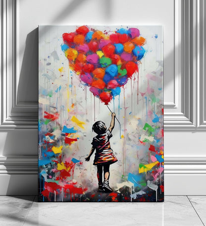 Set of two Banksy-style graffiti prints featuring a girl with a balloon and a boy in a hot air balloon. Vibrant street art with bold colours, perfect for modern interiors and contemporary wall decor. Large framed canvases ideal for home decoration, blending nostalgia with an urban, artistic twist. A striking choice for lovers of graffiti prints and vibrant paintings.