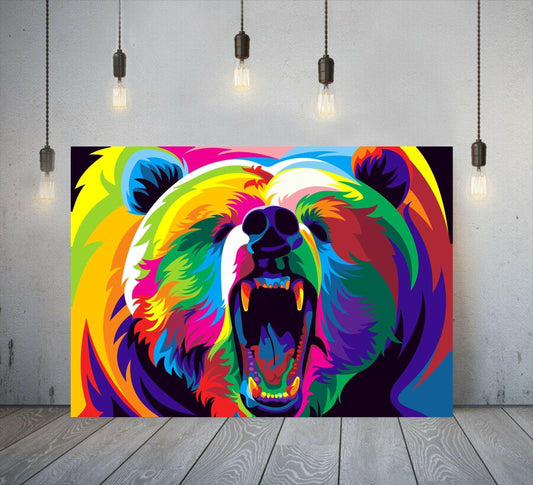 Colourful Abstract Bear Canvas Printed Wall Art Poster Print Picture. Vibrant animal artwork for modern home decor.