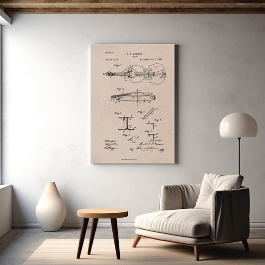 Violin patent art print or canvas wall art for violin player. Quirkywallart picture gift for violinist, music student, violin teacher.