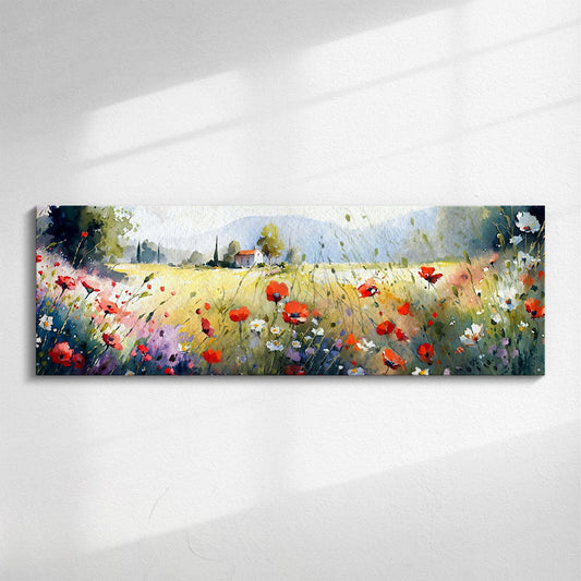Poppy Field Panorama | Panoramic canvas wall art, wide scenic poppies and wildflowers landscape with sunlight, nature print gift