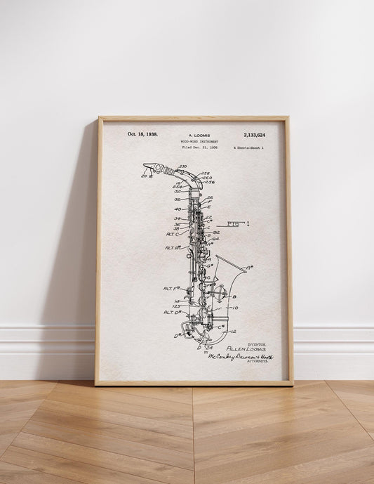 Saxophone blueprint art print or canvas wallart for musician. Quirky picture for sax player, saxophonist, musical instrument birthday gift