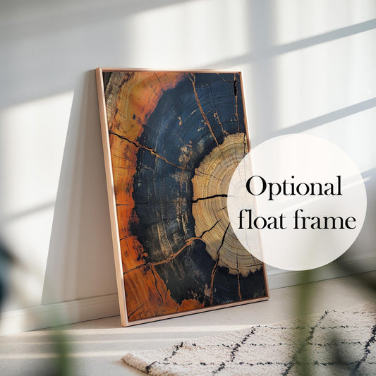 Tree ring canvas number 2 with optional float frame. Framed canvas picture of tree rings.