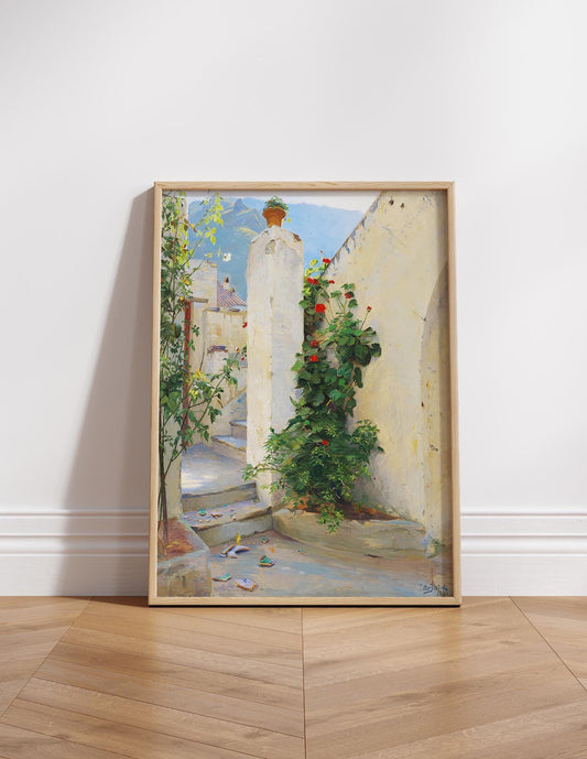 Sunlit Capri courtyard painting Blooming Geraniums by Peter Ilsted, perfect for summer home décor on canvas or art print.