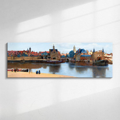 Panoramic canvas wall art, Johannes Vermeer&#39;s View of Delft, 17th century city scape with boats and Dutch people