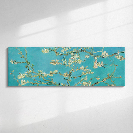 Van Gogh Almond Blossoms panoramic canvas, impressionist wide canvas in blue, for hallways, bedrooms or living rooms.