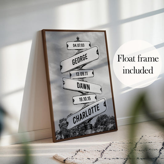 Framed custom street sign with personalised names and dates. Canvas float frame in choice of colours. Mum/Grandma birthday gift