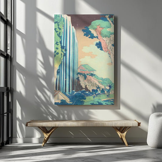 Japanese waterfalls canvases for Japandi minimalist home decor. Famous artist painting by Hokusai for contemporary rooms. Canvas wall hangings suitable for nordic and scandi style as well as Japan oriental.