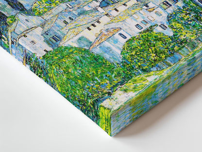 The image is a painting of a landscape featuring a group of buildings with green trees in the foreground.