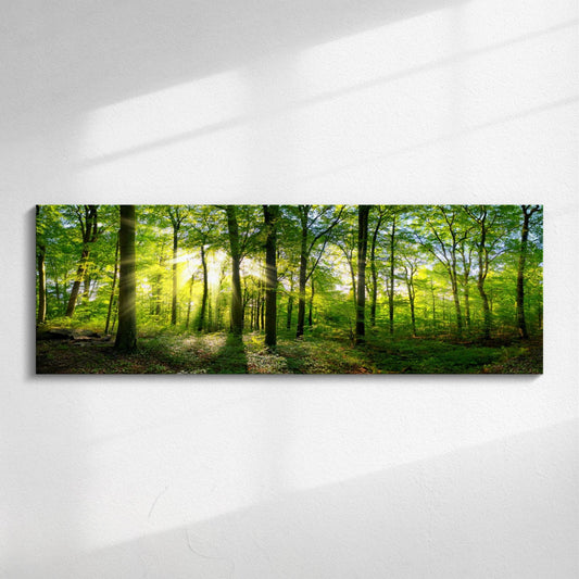 Panoramic canvas print of a misty forest with sunlight filtering through green trees in a peaceful woodland landscape. Canvas perfect for living rooms in modern UK homes.
