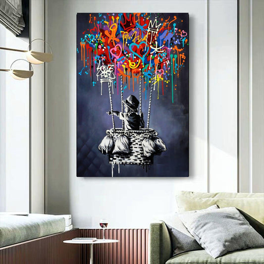Banksy Style Boy in Balloon