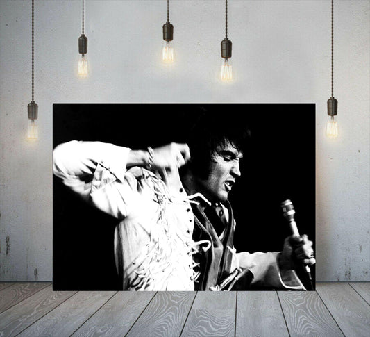 Elvis Presley black and white photograph on stage, canvas wall art or poster fine art paper print