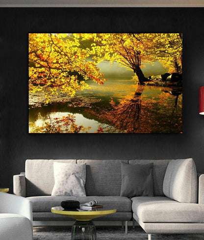 Beautiful tree landscape canvas or poster print art over water pond photograph with yellow and golden colours.