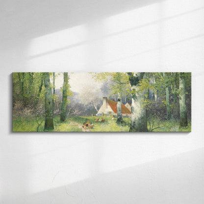 a painting of a house in the woods