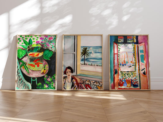 Matisse set of 3 triptych wall art featuring ‘Goldfish,’ ‘Femme Assise,’ and ‘Open Window.’ Vibrant Fauvist prints with bold colours and expressive brushstrokes, perfect for modern interiors. Artistic canvas set inspired by Henri Matisse’s masterpieces, ideal for home décor, gallery walls, and art lovers. Stylish fine art prints celebrating iconic 20th-century painting, bringing creativity and colour to any space.
