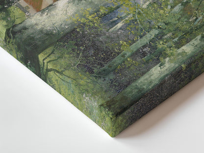 a painting of a green forest with trees