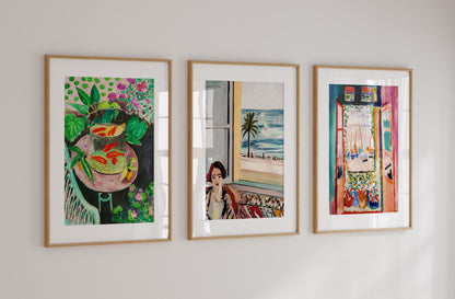 Matisse set of 3 triptych wall art featuring ‘Goldfish,’ ‘Femme Assise,’ and ‘Open Window.’ Vibrant Fauvist prints with bold colours and expressive brushstrokes, perfect for modern interiors. Artistic canvas set inspired by Henri Matisse’s masterpieces, ideal for home décor, gallery walls, and art lovers. Stylish fine art prints celebrating iconic 20th-century painting, bringing creativity and colour to any space.