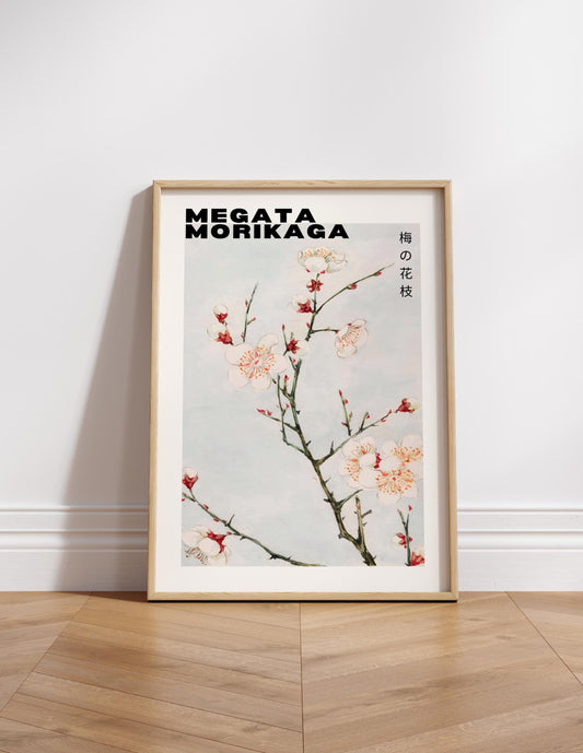 Elegant Japanese woodblock print by Morikaga, featuring delicate plumb blossoms in a neutral style. Inspired by famous artists like Katsushika Hokusai, this artwork is perfect for spring neutral wall decor and Japandi interior aesthetics. A timeless piece ideal for home decoration or as part of a gallery posters collection.