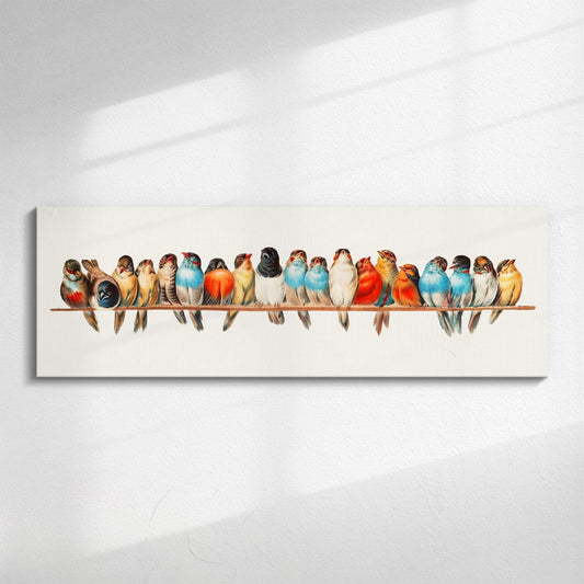 A row of vintage painted birds displayed on panoramic wall art for uk modern homes