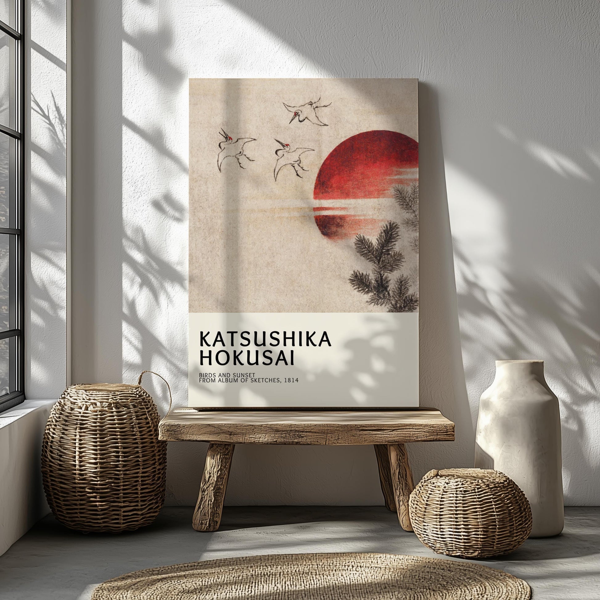 Elegant Japanese woodblock print featuring Birds and Sunset in a neutral style. A classic artwork by famous artist Katsushika Hokusai, this artwork is perfect for neutral wall decor and Japandi interior aesthetics. A timeless piece ideal for home decoration or as part of a gallery posters collection.