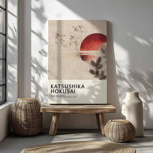 Elegant Japanese woodblock print featuring Birds and Sunset in a neutral style. A classic artwork by famous artist Katsushika Hokusai, this artwork is perfect for neutral wall decor and Japandi interior aesthetics. A timeless piece ideal for home decoration or as part of a gallery posters collection.
